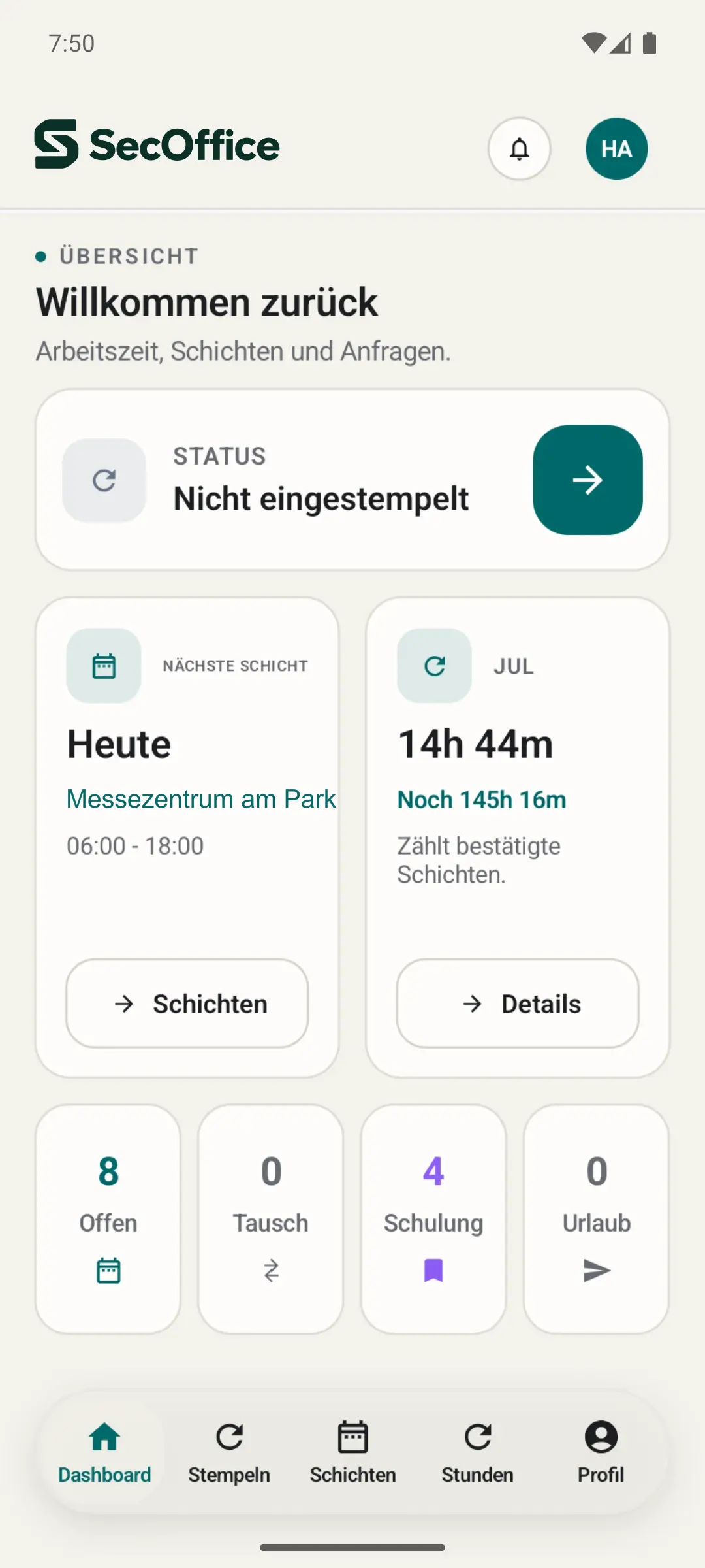 SecOffice Mitarbeiter-Dashboard auf Android