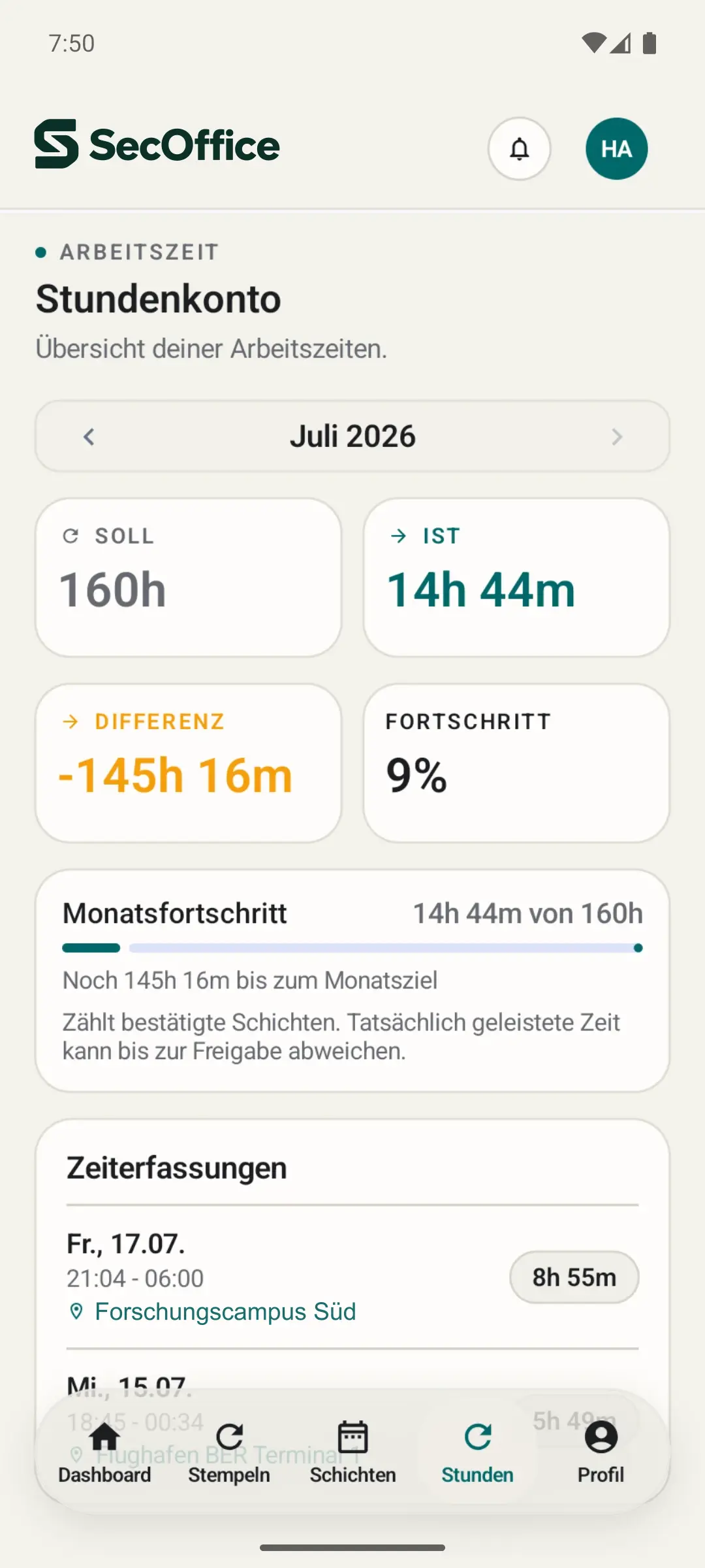 Persönliches Stundenkonto mit Monatsfortschritt in der SecOffice Android-App