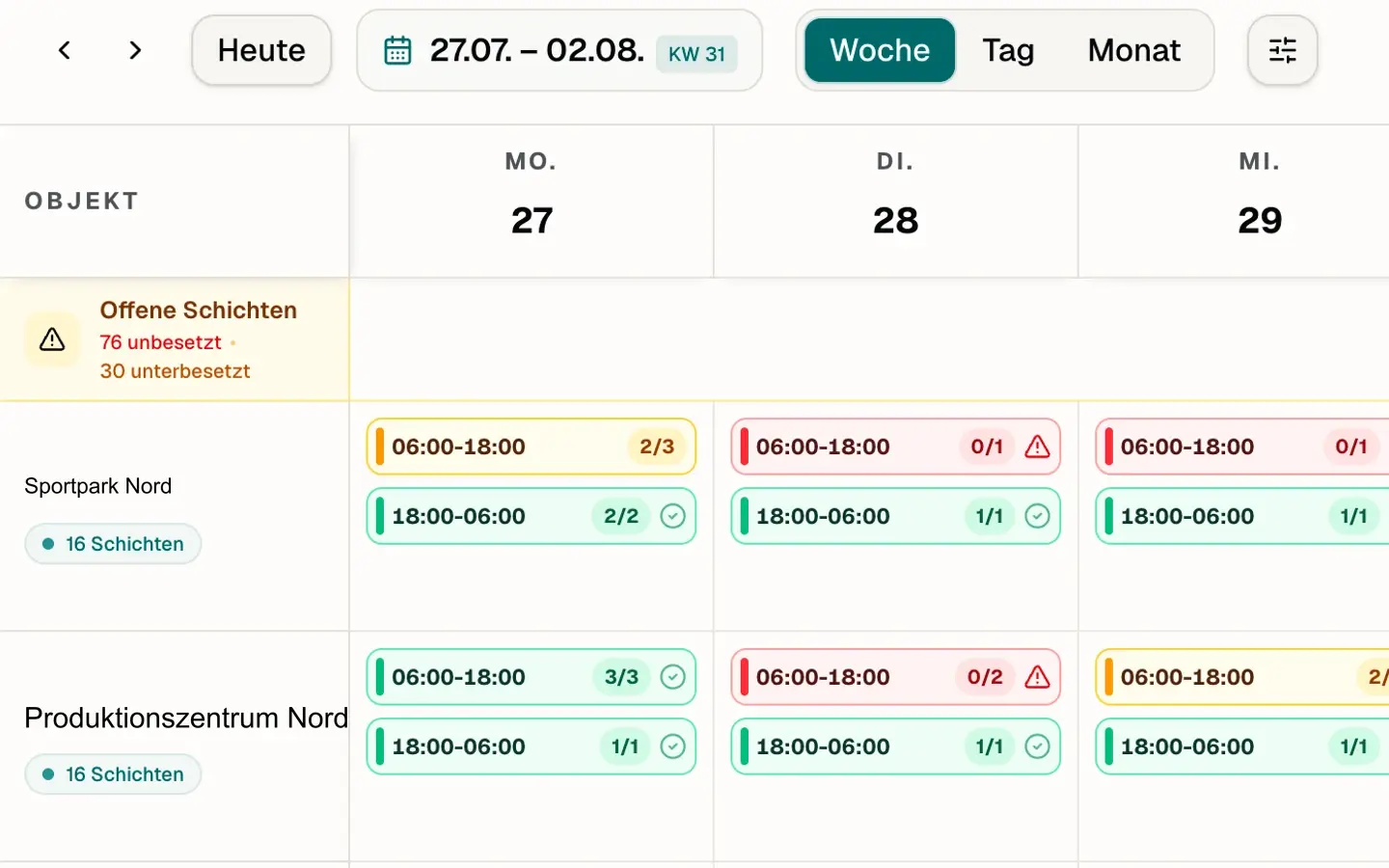 Wochenplanung mit offenen, unterbesetzten und vollständig besetzten Schichten