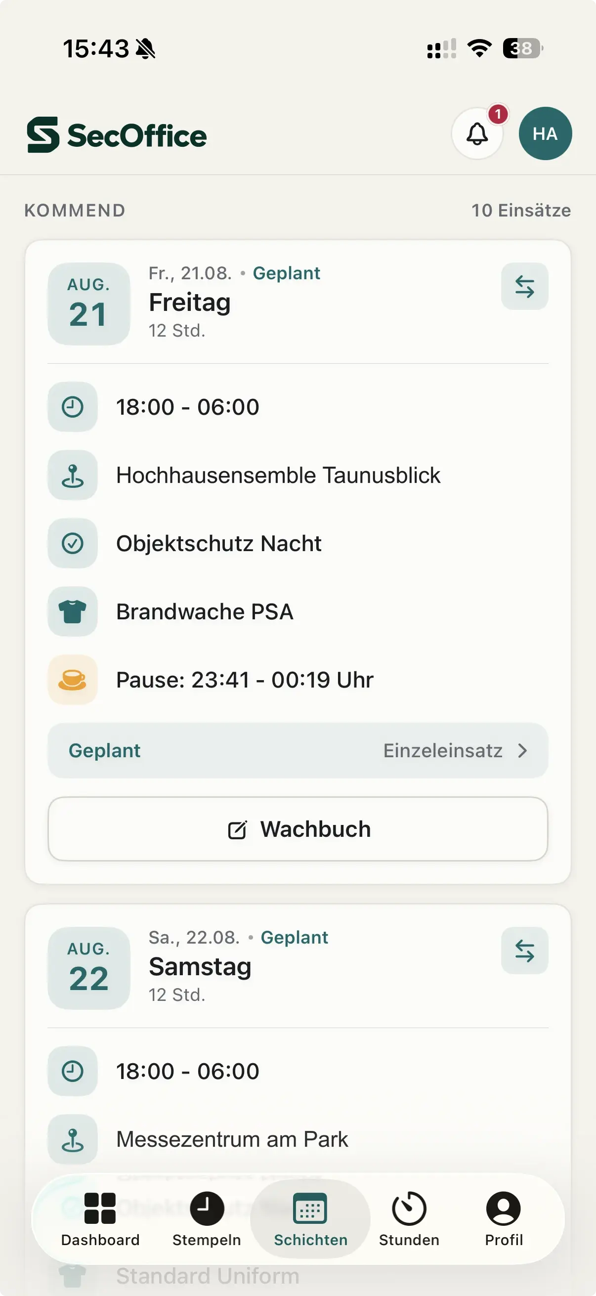 Persönlicher Dienstplan mit kommenden Einsätzen auf dem iPhone