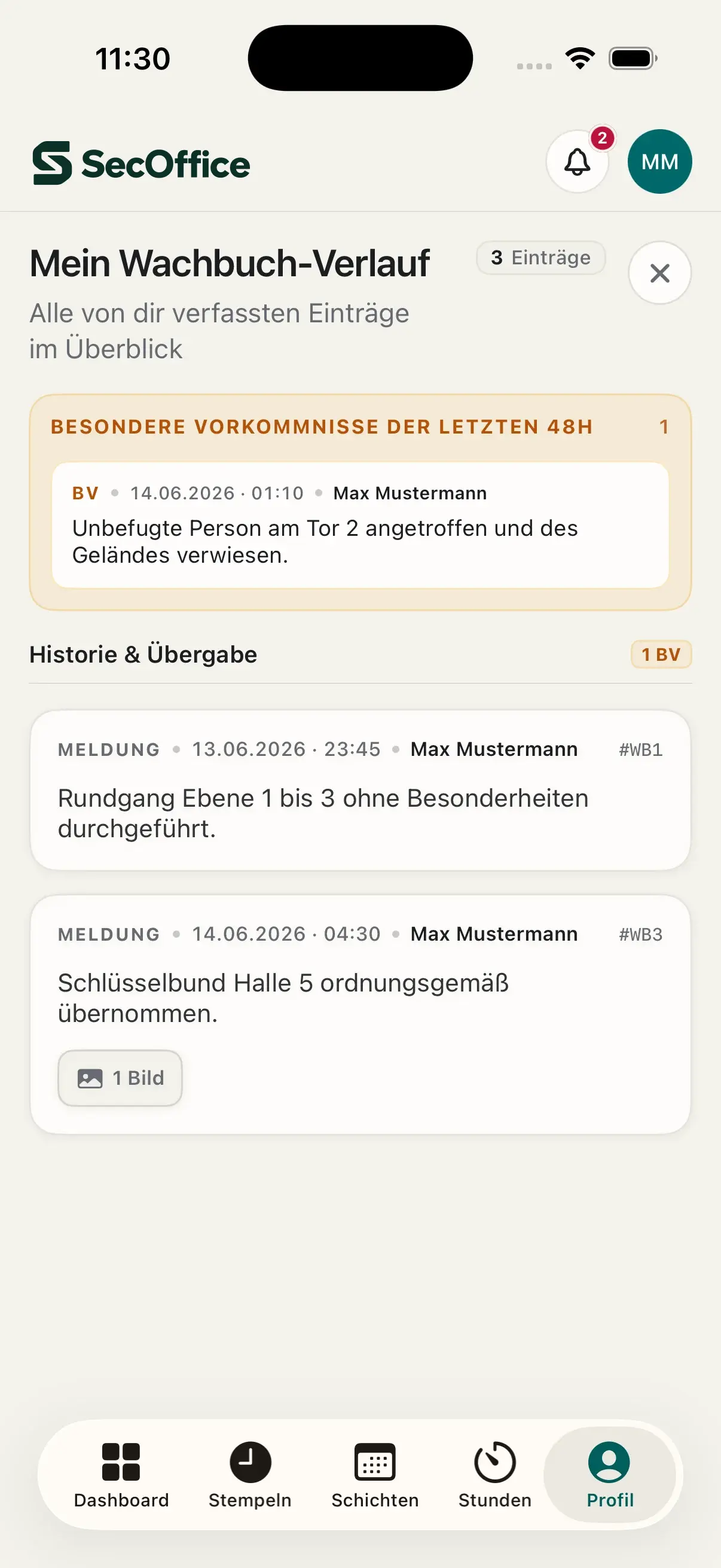 Persönlicher Wachbuchverlauf eines Mitarbeiters