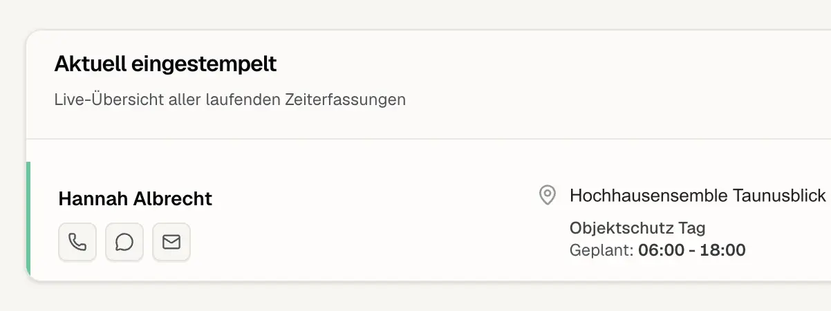 Aktuell eingestempelte Mitarbeiter mit Objekt und geplantem Dienst