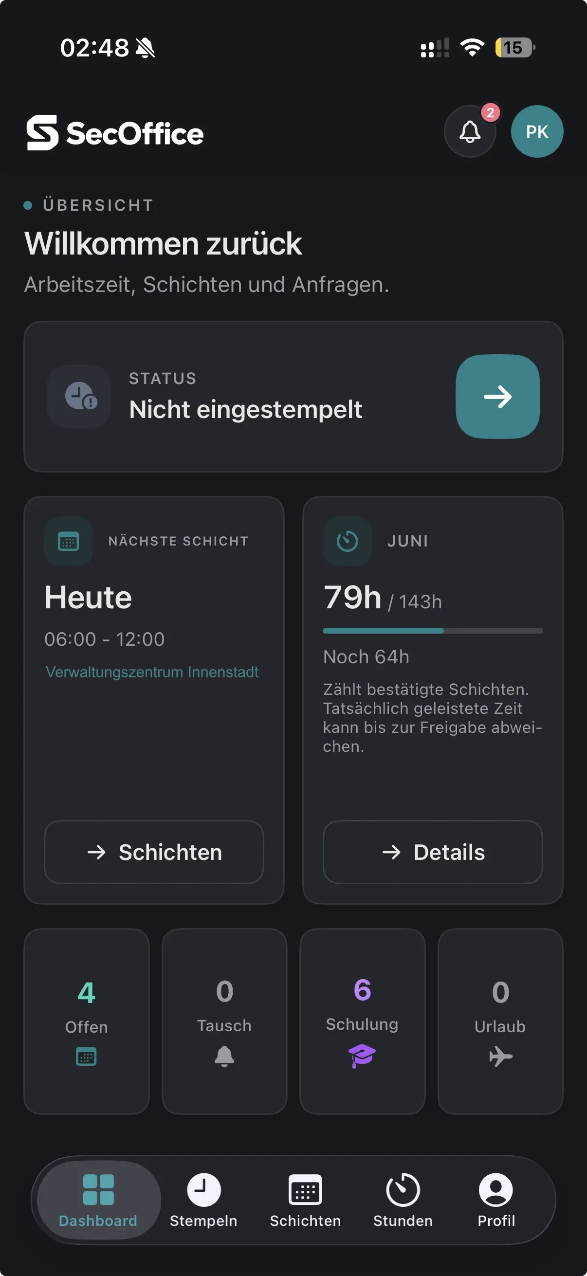 SecOffice Mitarbeiter-App Startseite