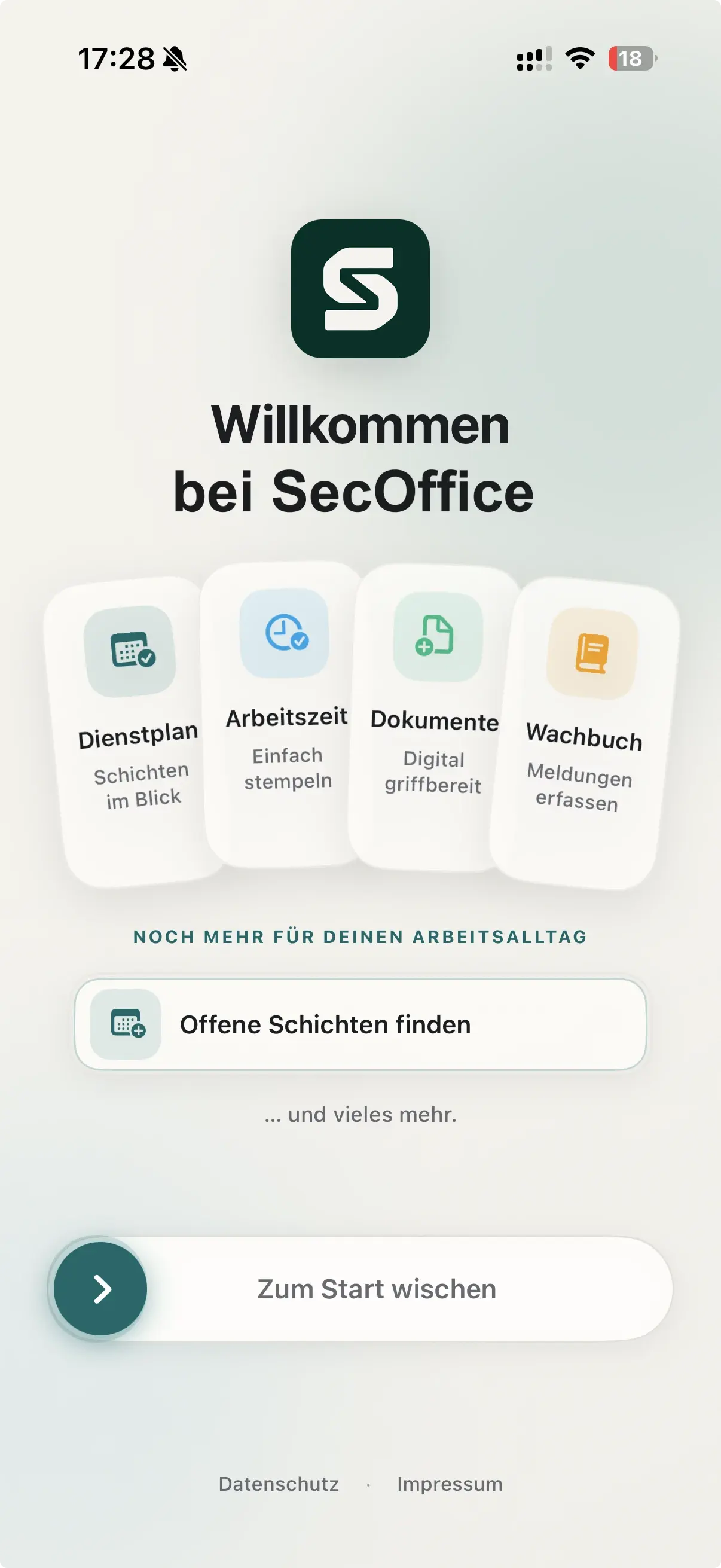 Willkommensansicht der SecOffice Mitarbeiter-App auf dem iPhone