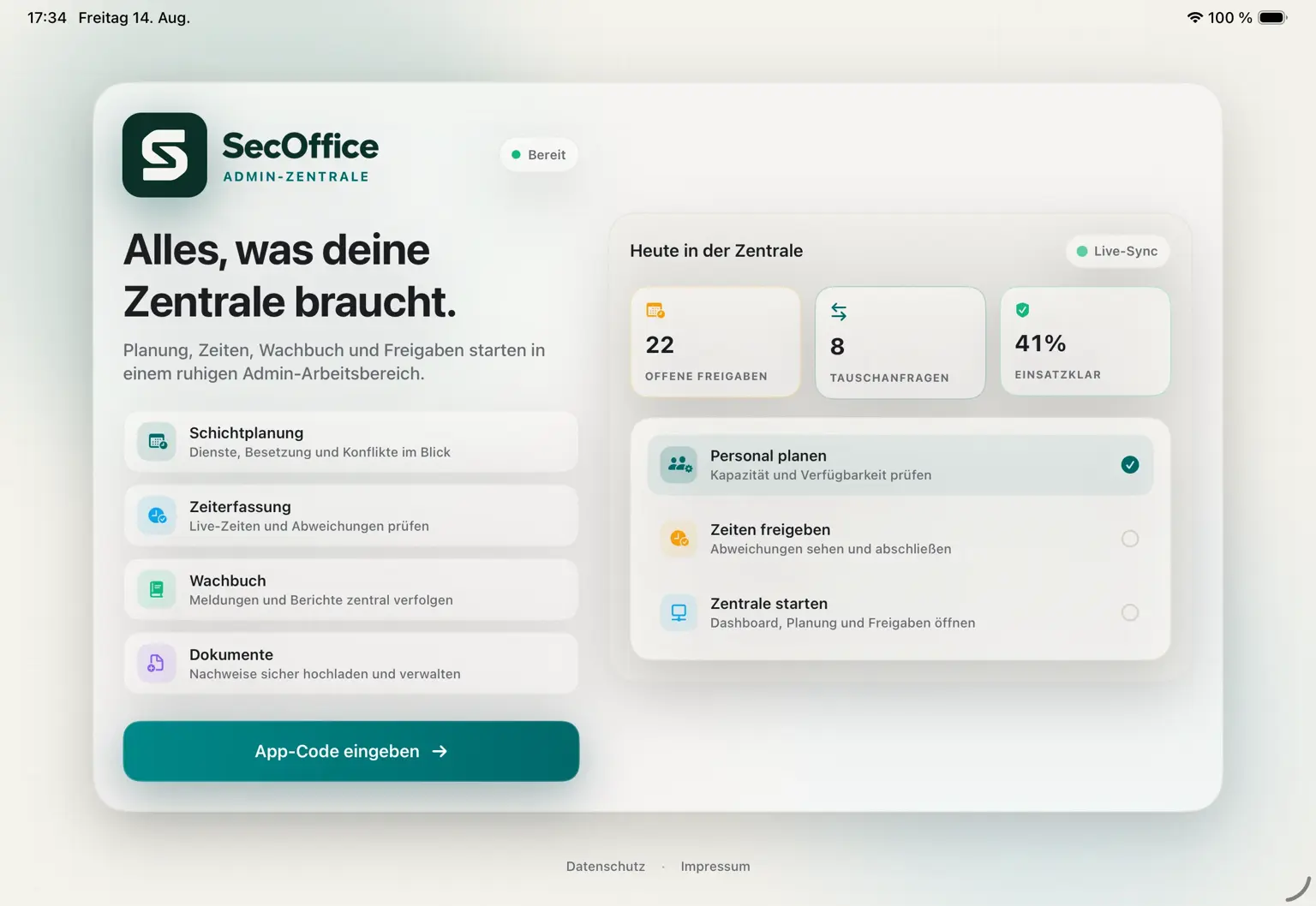 SecOffice Dashboard auf einem iPad im Querformat