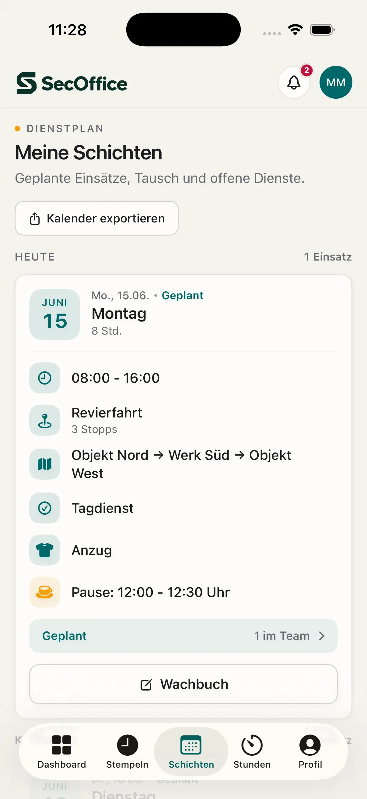 Persönlicher Dienstplan mit Schichtdetails