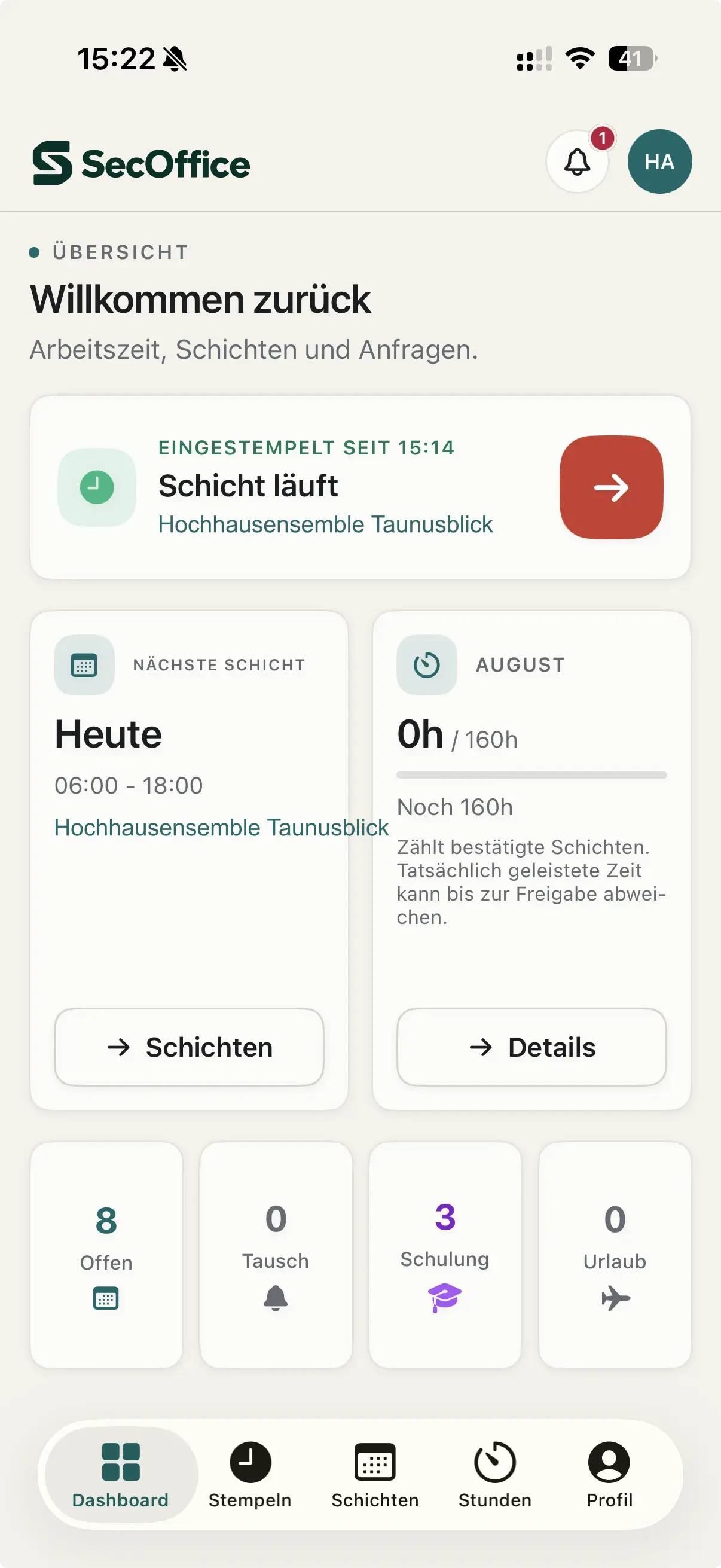 Mitarbeiter-Dashboard mit laufender Schicht und Monatsübersicht
