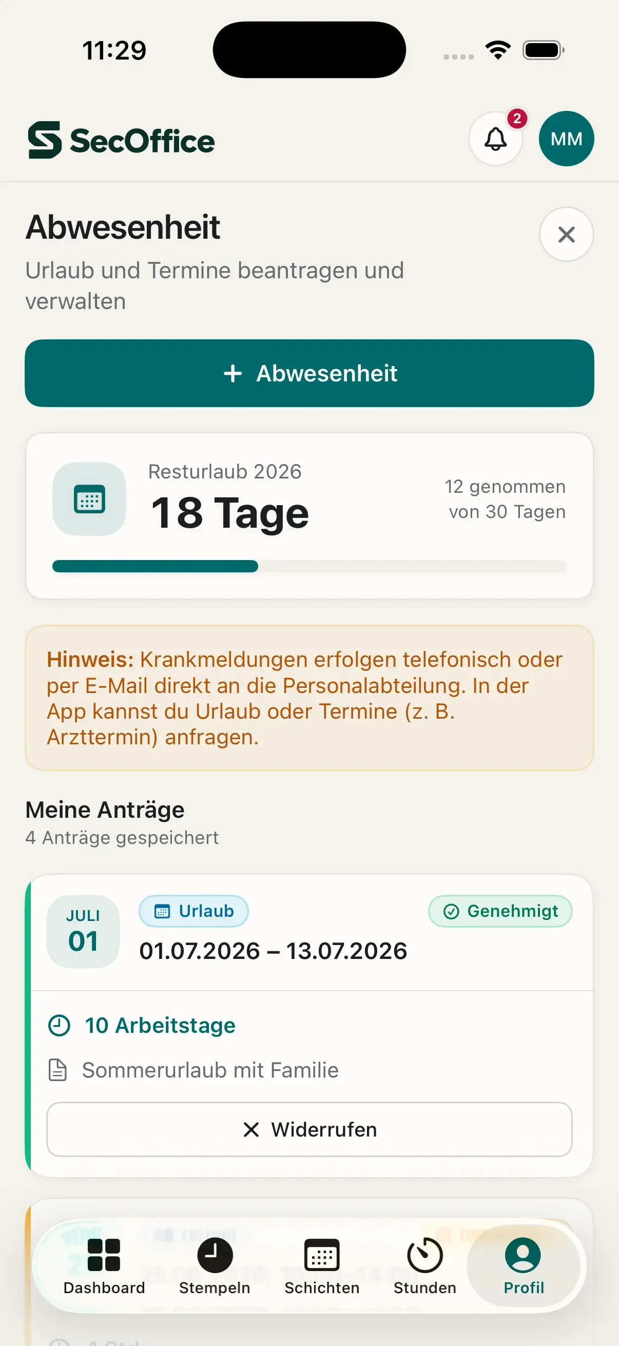 Urlaubskonto und persönliche Anträge in der App